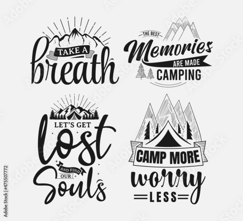  Set of camping lettering, adventure quote for print, t-shirt, poster and card