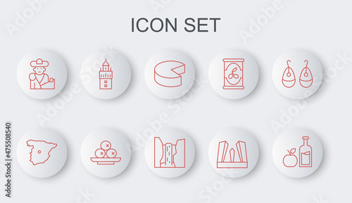 Set line Apple cider bottle, Map of Spain, Cheese, Gate Europe, Bullfight, matador, Giralda, Olives on plate and Algar waterfall icon. Vector