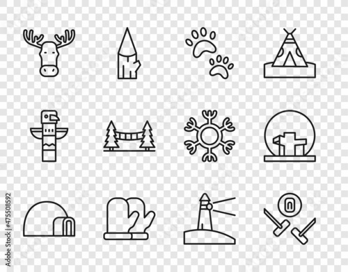 Set line Igloo ice house, Curling sport game, Paw print, Christmas mitten, Moose head with horns, Capilano Suspension Bridge, Lighthouse and Montreal Biosphere icon. Vector