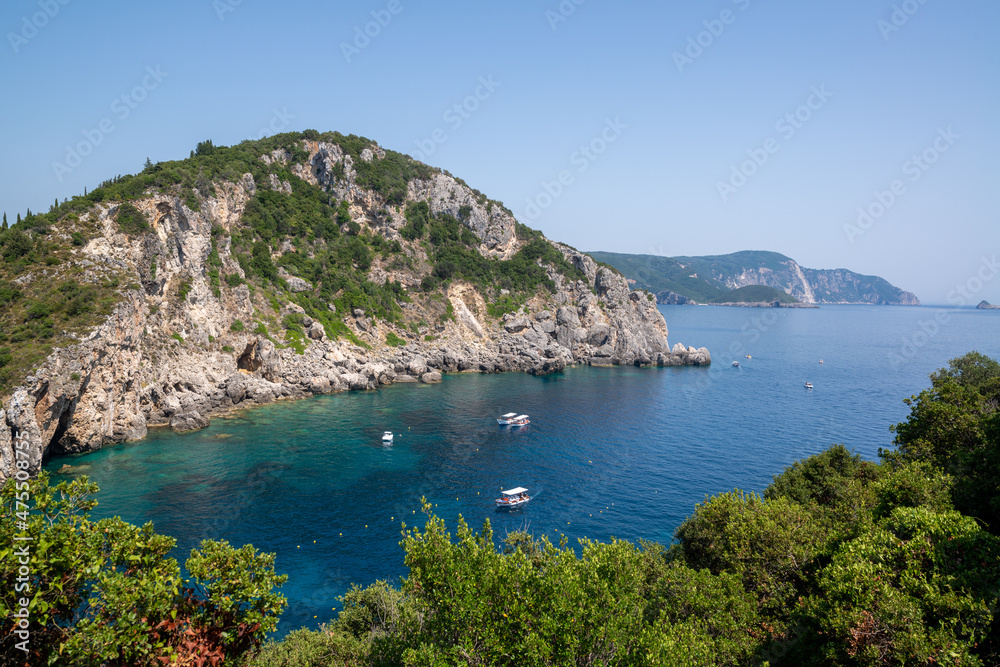The Plaiokastritsa coastline in Korfu, Greece.