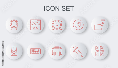 Set line Music file document, Stereo speaker, Microphone, Audio jack, Oscilloscope, synthesizer and Headphones icon. Vector