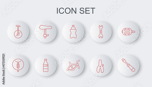 Set line Screwdriver, Bicycle, Sport bottle with water, seat, Unicycle one wheel bicycle, and frame icon. Vector