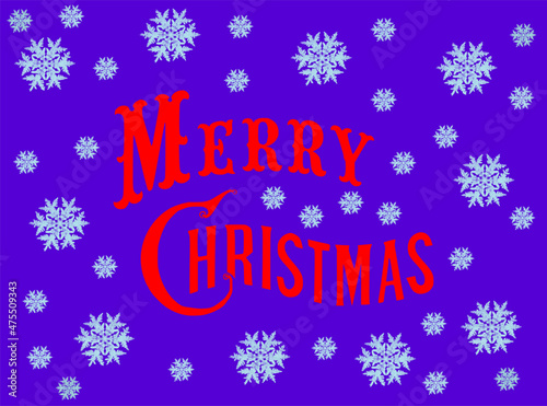 Merry Christmas card on a purple background with snowflakes