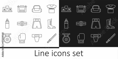 Set line Japanese katana, Sport boxing shoes, bag, Boxing belt, Punching, Award over sports winner podium, short and Stopwatch icon. Vector