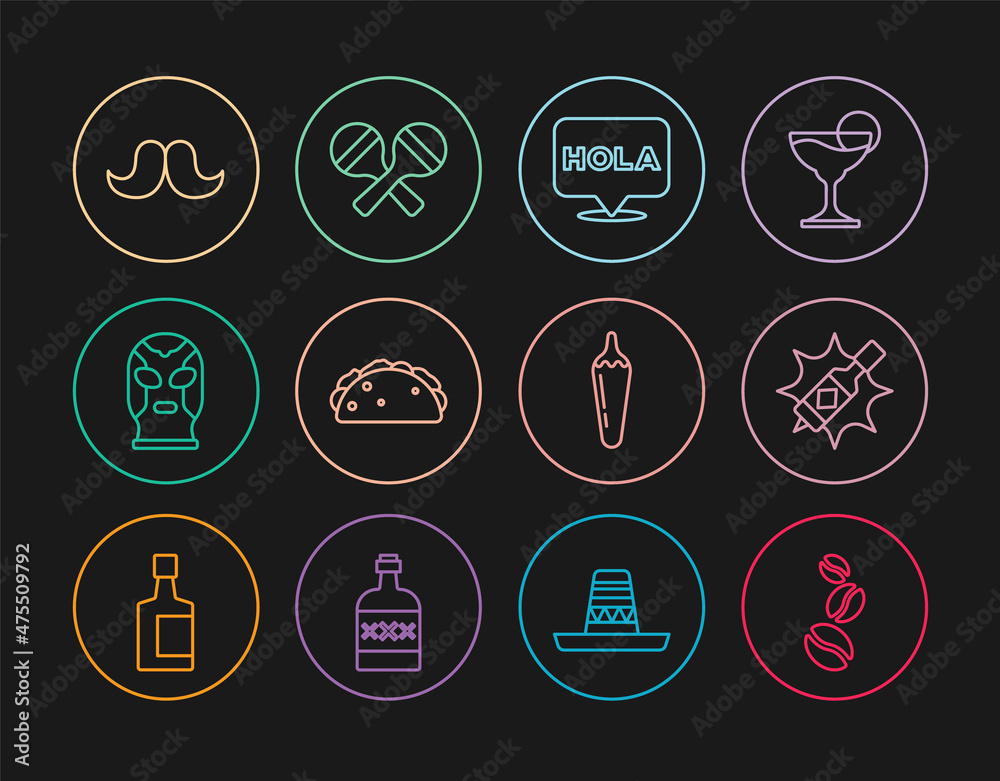 Set line Coffee beans, Tabasco sauce, Hola, Taco with tortilla, Mexican wrestler, Mustache, Hot chili pepper pod and Maracas icon. Vector Set line Coffee beans, Tabasco sauce, Hola, Taco with tortilla, Mexican wrestler, Mustache, Hot chili pepper pod and Maracas icon. Vector