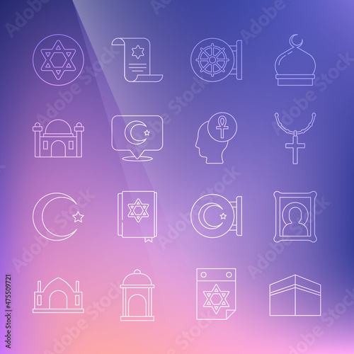 Set line Kaaba mosque, Christian icon, cross chain, Dharma wheel, Star and crescent, Muslim Mosque, of David and Cross ankh icon. Vector
