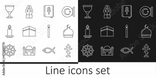 Set line Christian cross, Muslim Mosque, Cross ankh book, Kaaba mosque, Burning candle, Holy grail or chalice, and Hands praying position icon. Vector