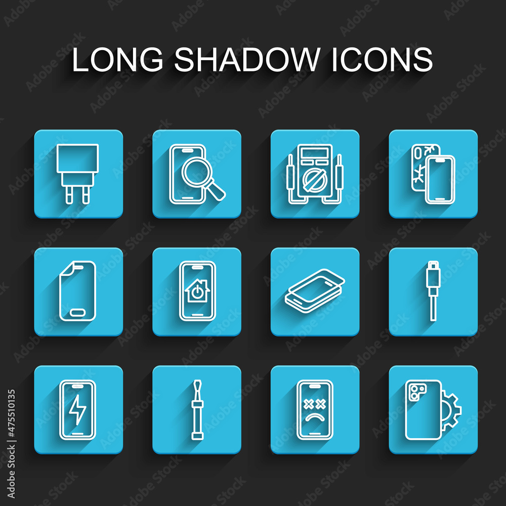 Set line Mobile charging battery, Screwdriver, Charger, Dead mobile, Phone repair service, with smart home, USB cable cord and Glass screen protector icon. Vector Set line Mobile charging battery, Screwdriver, Charger, Dead mobile, Phone repair service, with smart home, USB cable cord and Glass screen protector icon. Vector