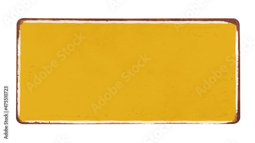 Vintage rusty enameled cadmium yellow grunge metal sign  isolated on white background including clipping path photo