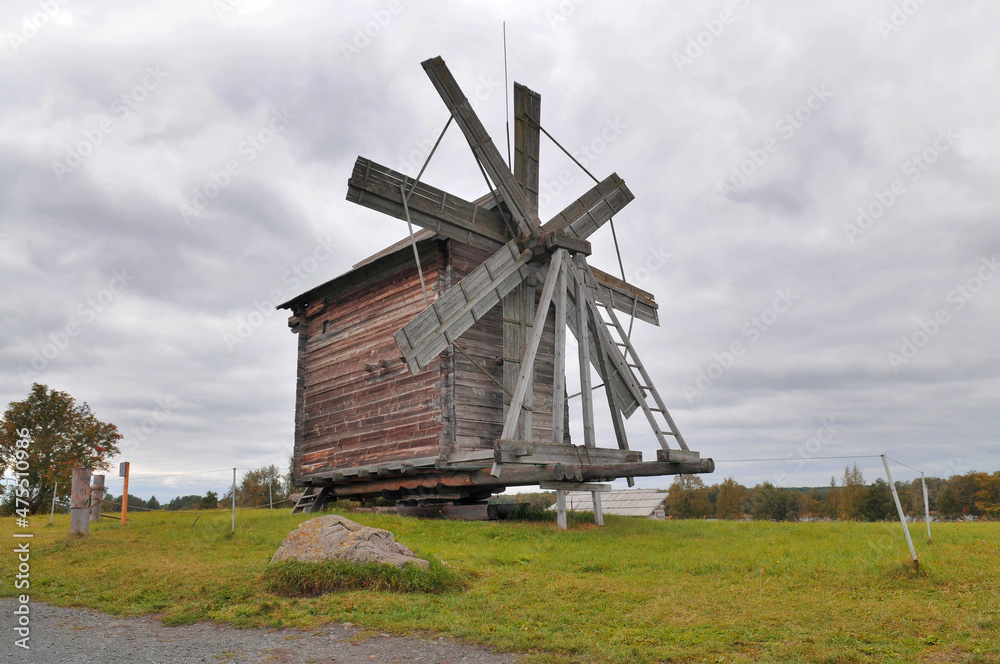 Karelia, Kizhi Island, old windmill wooden building.   Old Russian architecture