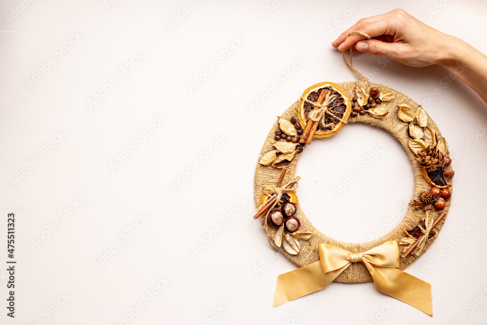 Fototapeta premium Festive Christmas wreath. New year decoration background