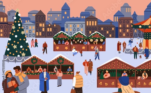 People at Christmas market in Old town. Happy couples, families, kids shopping at street fair on winter holidays. Europe city square at Xmas eve, tree, kiosks and decoration. Flat vector illustration