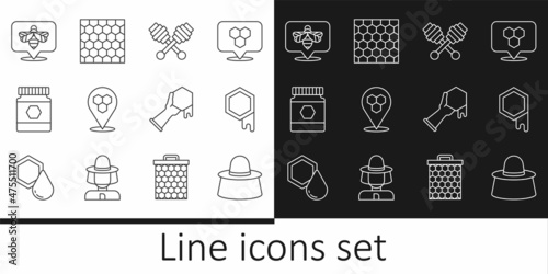 Set line Beekeeper with protect hat, Honeycomb, dipper stick, bee location, Jar of honey, and hand and icon. Vector