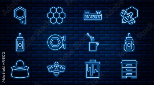 Set line Hive for bees, Jar of honey, Hanging sign with honeycomb, Honeycomb, dipper stick and icon. Vector