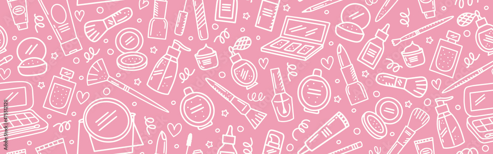 Obraz Doodle beauty make up seamless background. Banner with hand drawn cosmetics elements. Brush, nail polish, foundation, perfume, eye shadow, mascara, mirror, cream,  lipstick. Outline vector pattern