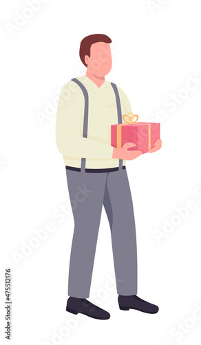 Man giving present semi flat color vector character. Standing figure. Full body person on white. Greeting isolated modern cartoon style illustration for graphic design and animation