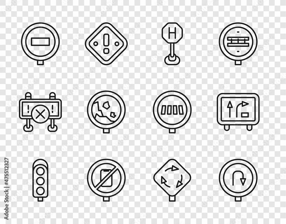 Set line Traffic light, Turn back road sign, Hospital traffic, No cell phone, Stop, Road warning rockfall, Roundabout and icon. Vector Set line Traffic light, Turn back road sign, Hospital traffic, No cell phone, Stop, Road warning rockfall, Roundabout and icon. Vector