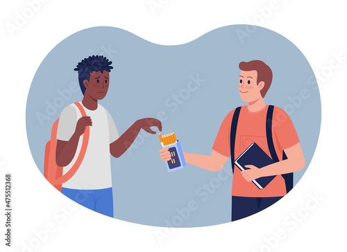Peer pressure 2D vector isolated illustration. Schoolboy encouraging friend to try cigarette flat characters on cartoon background. Peer influence on adolescent smoking colourful scene photo