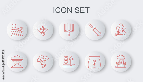 Set line Plant sprouts grow in the rain, Sifting flour, Garden pitchfork, Bag of, Agriculture wheat field, Pack full seeds plant, Seed and Wheat icon. Vector