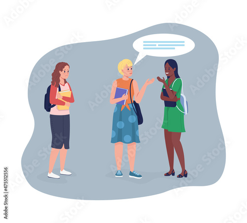 Struggling to make besties in school 2D vector isolated illustration. Social awkwardness. Schoolgirl being ignored by teenagers flat characters on cartoon background. Social failure colourful scene