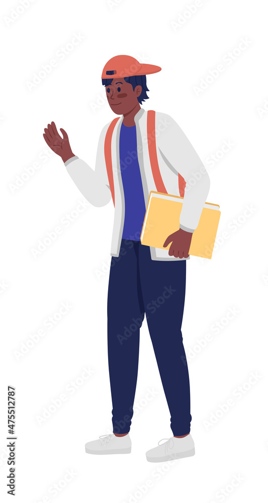 Easygoing male student semi flat color vector character. Standing figure. Full body person on white. Going to college isolated modern cartoon style illustration for graphic design and animation