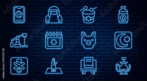 Set line Hookah, Star and crescent, Ramadan drum, calendar, Oil pump or pump jack, Pig and Muslim woman in niqab icon. Vector