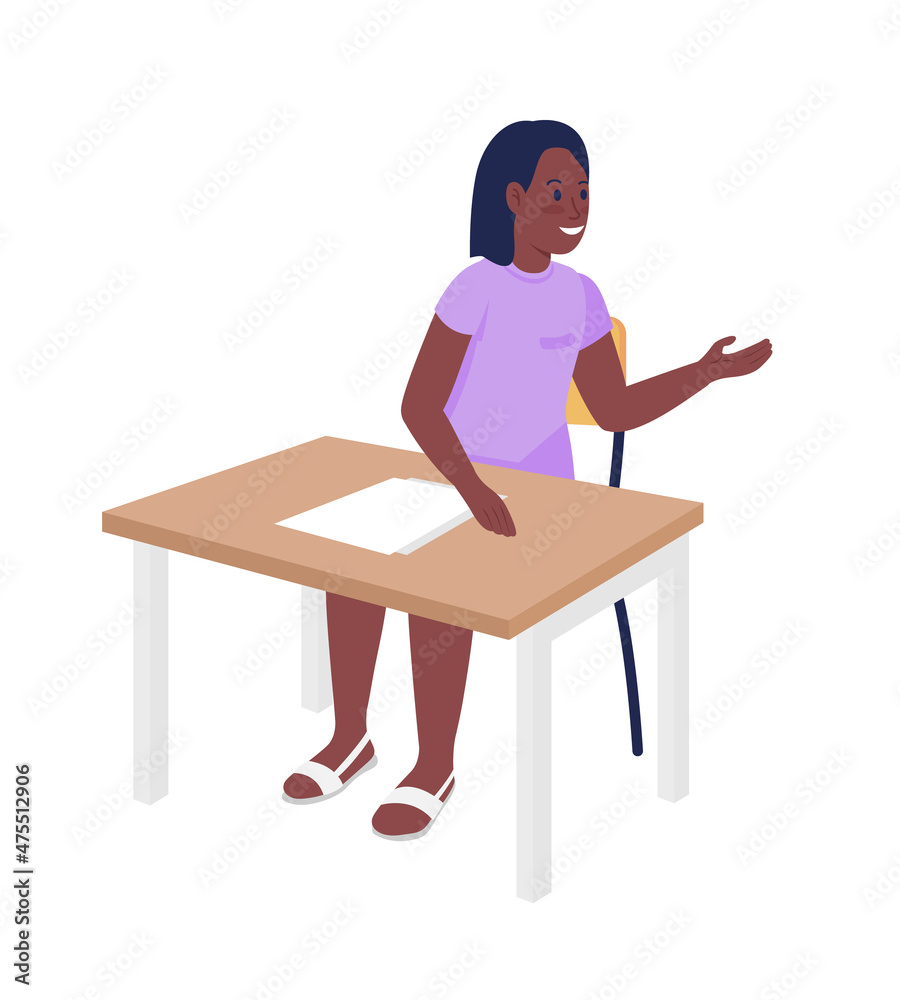Fototapeta premium Chatty female preschooler semi flat color vector character. Sitting figure. Full body person on white. Elementary school isolated modern cartoon style illustration for graphic design and animation