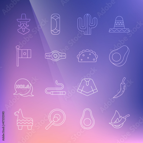 Set line Hot chili pepper pod, Avocado fruit, Cactus, Wrestling championship belt, Mexico flag, Mexican man sombrero and Taco with tortilla icon. Vector