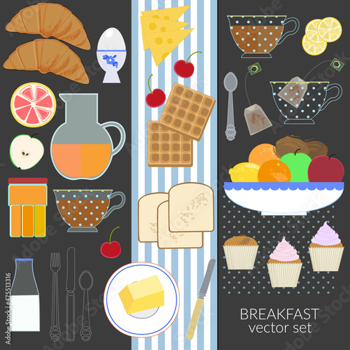 Breakfast food and drink vector flat illustration set photo