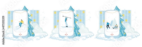 Smartphone screen with happy people skiing and sledding outdoor over winter background