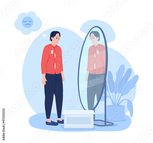 Poor fitted clothing 2D vector isolated illustration. Looking in mirror on tight clothes. Upset man in bad outfit flat characters on cartoon background. Cons of online shopping colourful scene