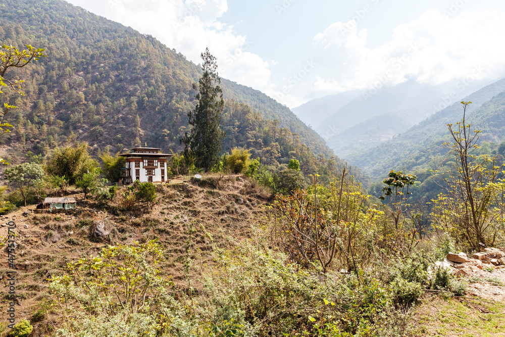 Farmer house in the local style in the mountains in Bhutan, Asia