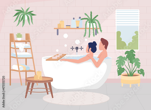 Couple taking bath flat color vector illustration. Man and woman sitting in bathtub. Hygge lifestyle. Wife and husband spending time together 2D cartoon characters with interior on background