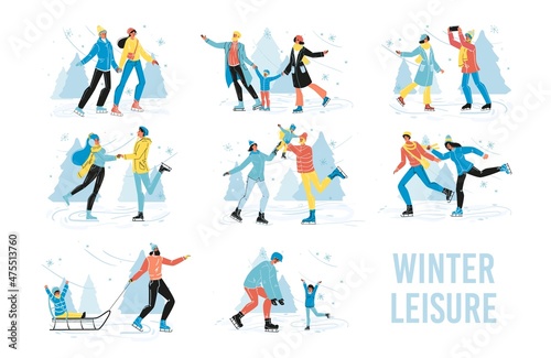 Winter leisure vector scene set with people skating on outdoor ice rink having fun. Christmas wintertime recreation on holiday vacation
