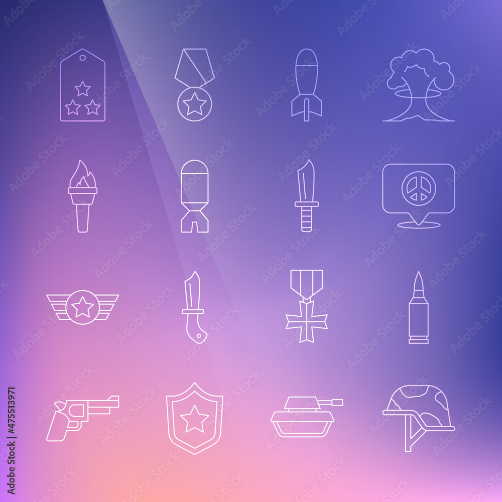 Set line Military helmet, Bullet, Location peace, Rocket launcher, Torch flame, rank and knife icon. Vector Set line Military helmet, Bullet, Location peace, Rocket launcher, Torch flame, rank and knife icon. Vector