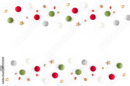 Fototapeta Naklejka Na Ścianę i Meble -  Arrange Christmas decorations on white background with space.