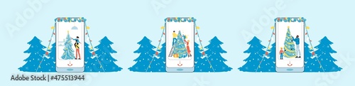 Happy people decorating Christmas tree on smartphone screen over snowy forest background isolated set. Wintertime holidays recreation and new year preparation during world coronavirus pandemic