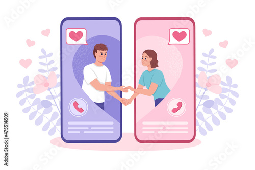 Maintaining online relationship flat concept vector illustration. Young man and woman in love isolated 2D cartoon characters on white for web design. Meeting soulmate through dating app creative idea