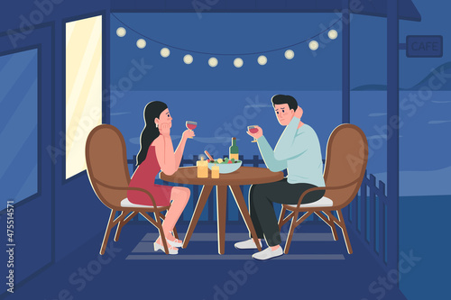 Feeling disappointment in relationships flat color vector illustration. Communication barriers. Tired woman and unconfident man drinking wine 2D cartoon characters with city subway on background