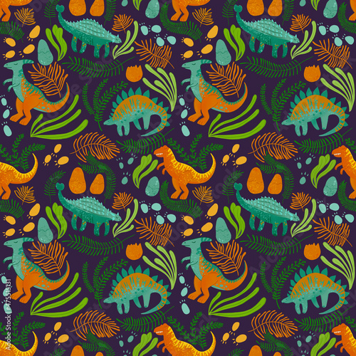 Seamless pattern with cute dinosaurs and tropical leaves. Great for baby textiles, wallpaper. 