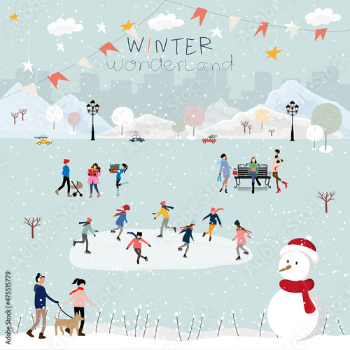 Winter landscape at night with people having fun doing outdoor activities on new year,Christmas day in village with people celebration, kid playing ice skates, teenagers skiing with snow falling