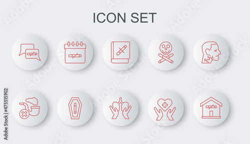 Set line No smoking at home, Smoking pipe with smoke, Book stop cigarette, Heart cross, days, Death from and Lungs icon. Vector