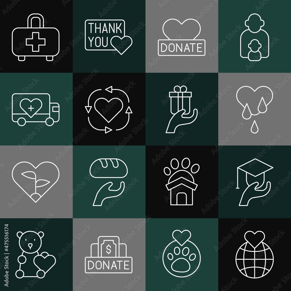Set line Hand holding Earth globe, Education grant, Blood donation, Donation charity, Volunteer, Humanitarian truck, First aid kit and Give gift icon. Vector Set line Hand holding Earth globe, Education grant, Blood donation, Donation charity, Volunteer, Humanitarian truck, First aid kit and Give gift icon. Vector