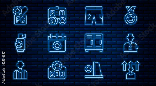 Set line Football or soccer player, Shorts for playing football, calendar, Air horn, Fan club, Locker changing room and betting money icon. Vector