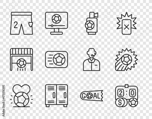 Set line Soccer football ball, Football betting money, Air horn, Locker changing room, Shorts for playing, Goal soccer and icon. Vector