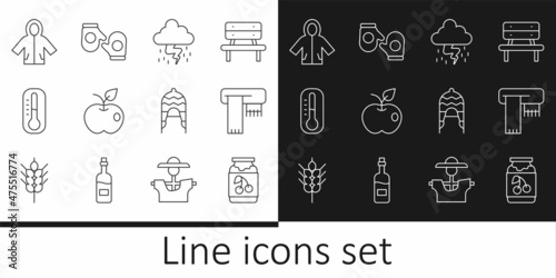 Set line Jam jar, Winter scarf, Storm, Apple, Thermometer, Raincoat, hat and Christmas mitten icon. Vector