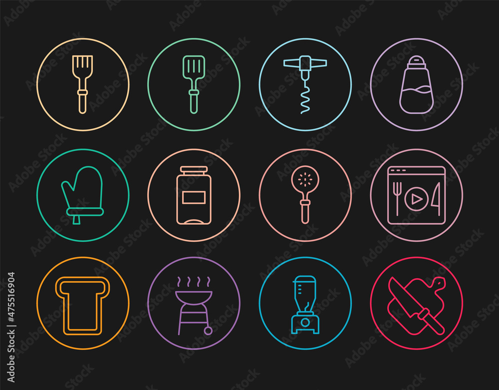 Set line Cutting board and knife, Cooking live streaming, Wine corkscrew, Jam jar, Oven glove, Fork, Spatula and Barbecue spatula icon. Vector Set line Cutting board and knife, Cooking live streaming, Wine corkscrew, Jam jar, Oven glove, Fork, Spatula and Barbecue spatula icon. Vector
