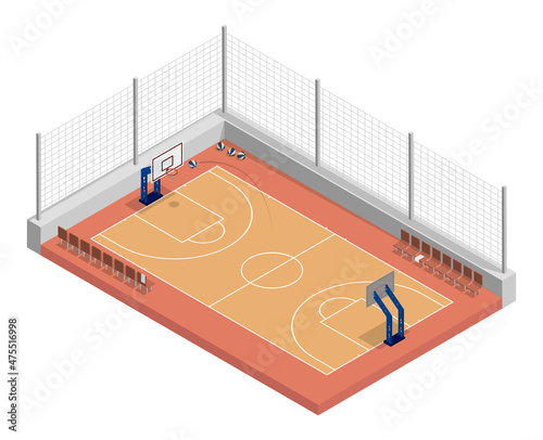 isometric basketball court with net, parquet floor and markings lines. Basketball playground top view. Sports ground for active recreation. Realistic 3d vector isolated on white back