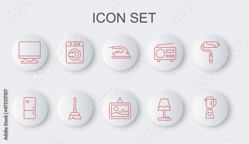 Set line Blender, Refrigerator, Electric iron, Table lamp, Smart Tv, Washer, Handle broom and Picture icon. Vector