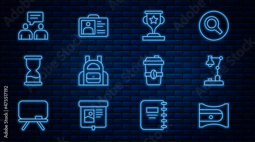 Set line Pencil sharpener, Table lamp, Award cup, School backpack, Old hourglass, Two sitting men talking, Coffee to go and Identification badge icon. Vector
